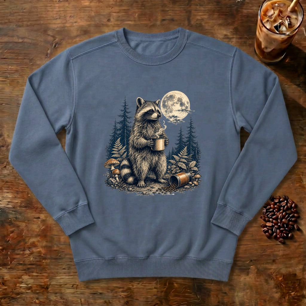 Moonlit Raccoon Coffee Sweatshirt in Blue Jean, a raccoon with coffee in a moonlit forest