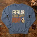 Fresh Air Strong Coffee Bear Sweatshirt in Blue Jean, a cozy bear holding a coffee mug