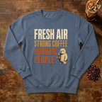 Fresh Air Strong Coffee Bear Sweatshirt in Blue Jean, a cozy bear holding a coffee mug