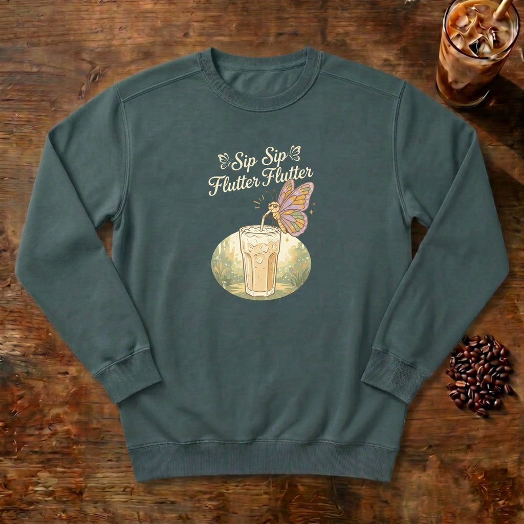 Sip Sip Flutter Flutter Butterfly Sweatshirt in Blue Spruce, a monarch butterfly hovering over an iced coffee