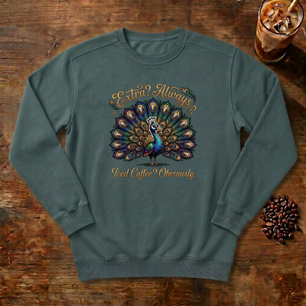 Extra Always Peacock Sweatshirt in Blue Spruce, a colorful peacock with coffee