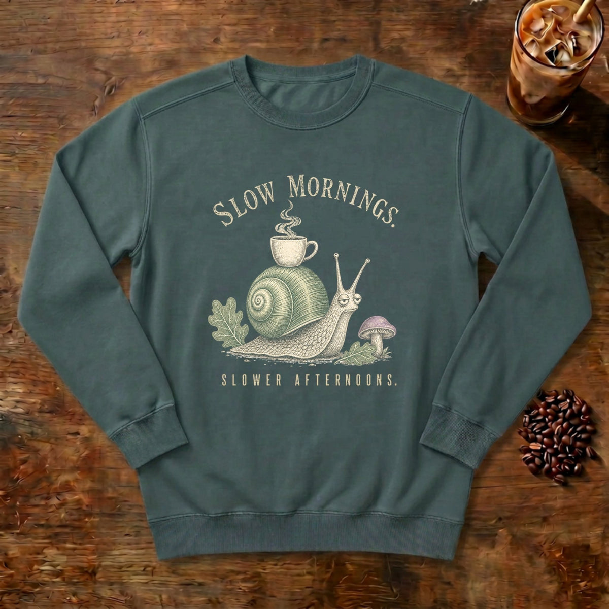Slow Mornings Snail Sweatshirt in Blue Spruce, a sleepy snail carrying a coffee cup on its shell
