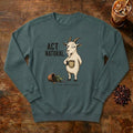 Act Natural Goat Sweatshirt in Blue Spruce, a suspiciously calm goat holding a coffee mug