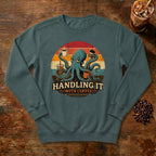 Handling It With Coffee Octopus Sweatshirt in Blue Spruce, an octopus juggling coffee mugs