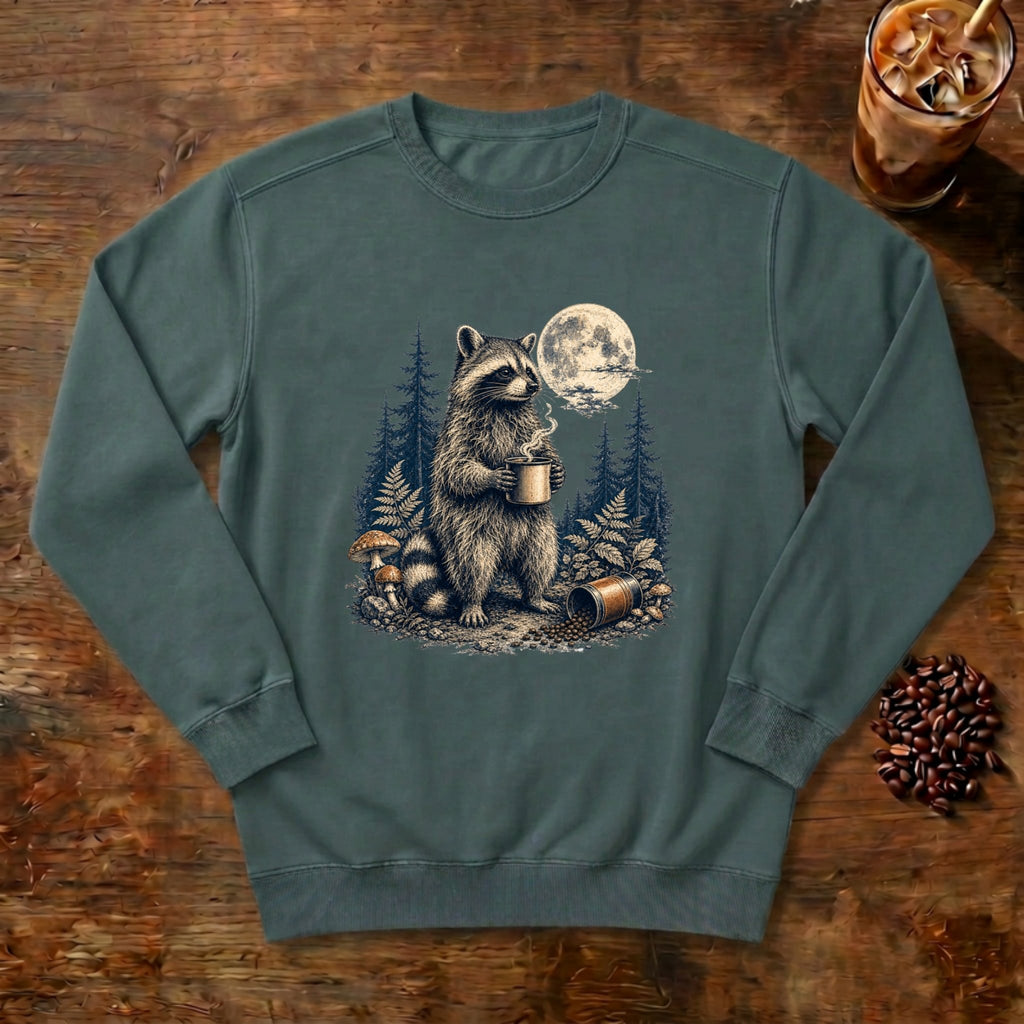 Moonlit Raccoon Coffee Sweatshirt in Blue Spruce, a raccoon with coffee in a moonlit forest