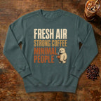 Fresh Air Strong Coffee Bear Sweatshirt in Blue Spruce, a cozy bear holding a coffee mug