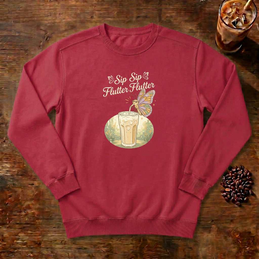 Sip Sip Flutter Flutter Butterfly Sweatshirt in Crimson, a monarch butterfly hovering over an iced coffee