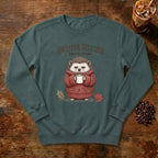 Sweater Weather Hedgehog Sweatshirt in Blue Spruce, a hedgehog in a knit sweater holding a mug