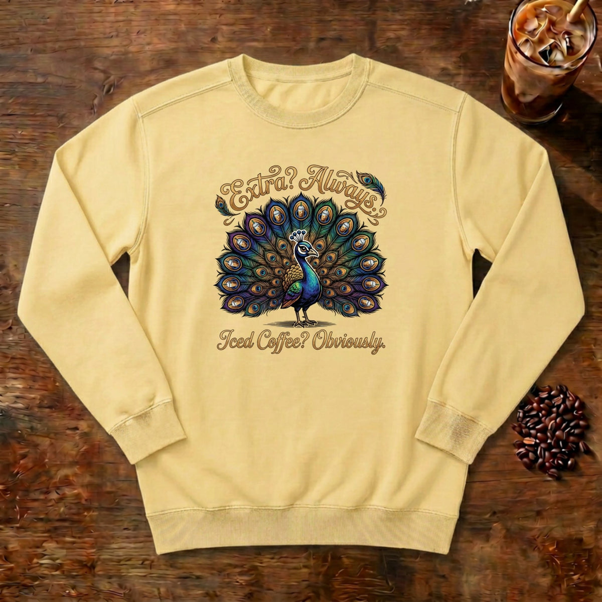 Extra Always Peacock Sweatshirt in Butter, a colorful peacock with coffee