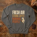 Fresh Air Strong Coffee Bear Sweatshirt in Pepper, a cozy bear holding a coffee mug