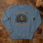 Extra Always Peacock Sweatshirt in Denim, a colorful peacock with coffee