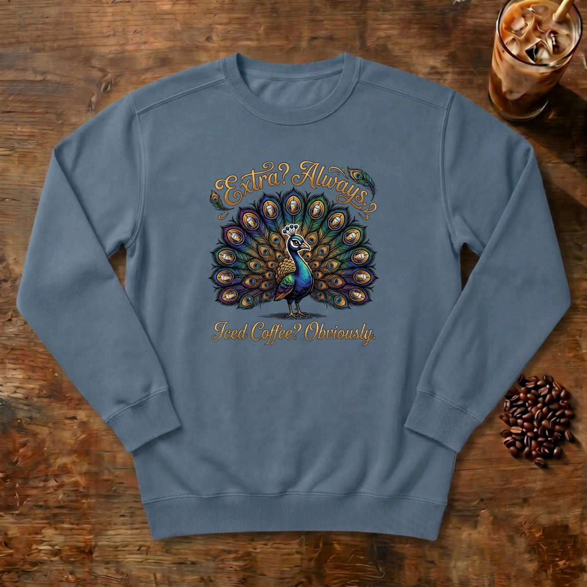 Extra Always Peacock Sweatshirt in Denim, a colorful peacock with coffee