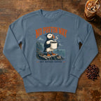 No Puffin Way Sweatshirt in Denim, a puffin holding a cup of coffee by the coast