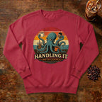 Handling It With Coffee Octopus Sweatshirt in Crimson, an octopus juggling coffee mugs