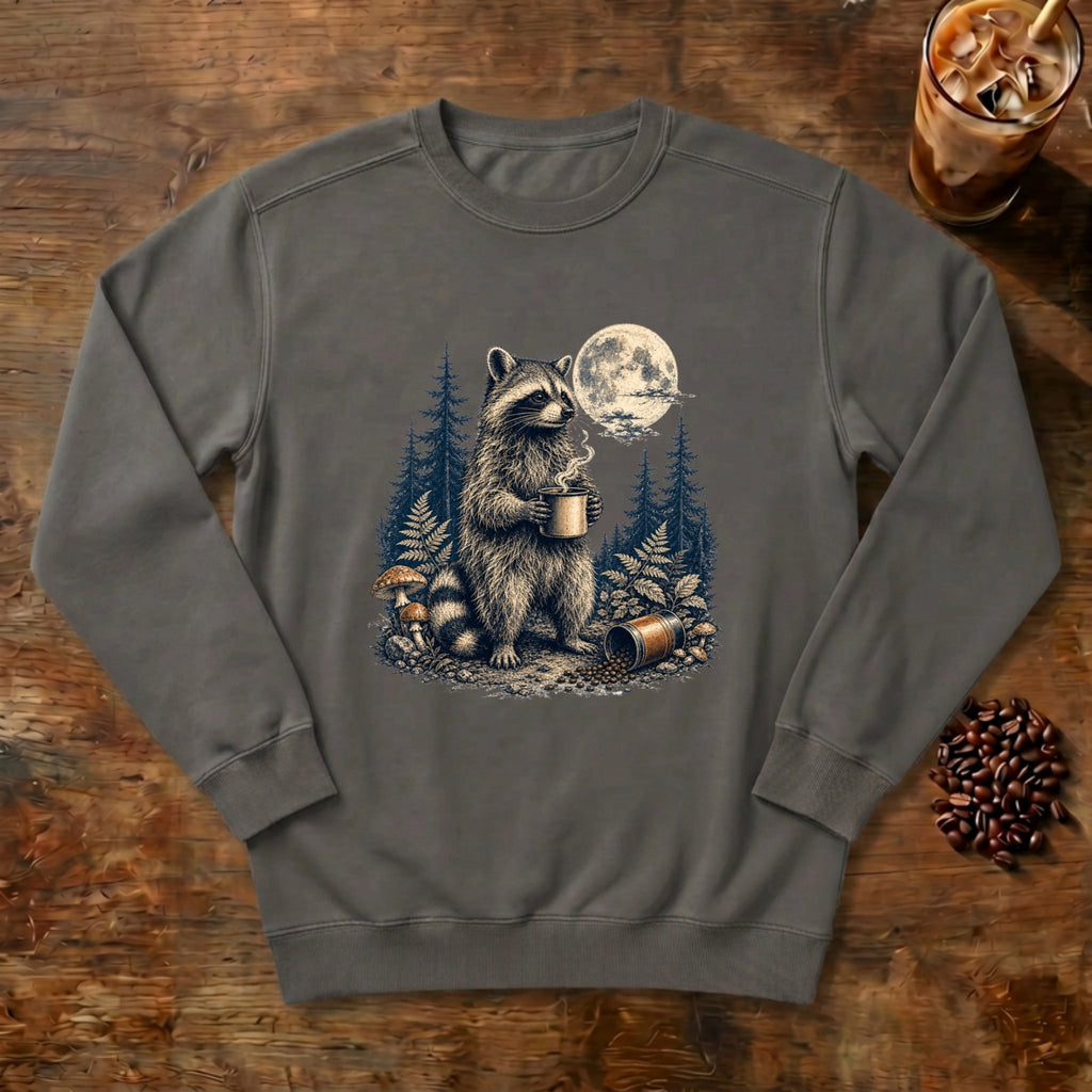 Moonlit Raccoon Coffee Sweatshirt in Pepper, a raccoon with coffee in a moonlit forest