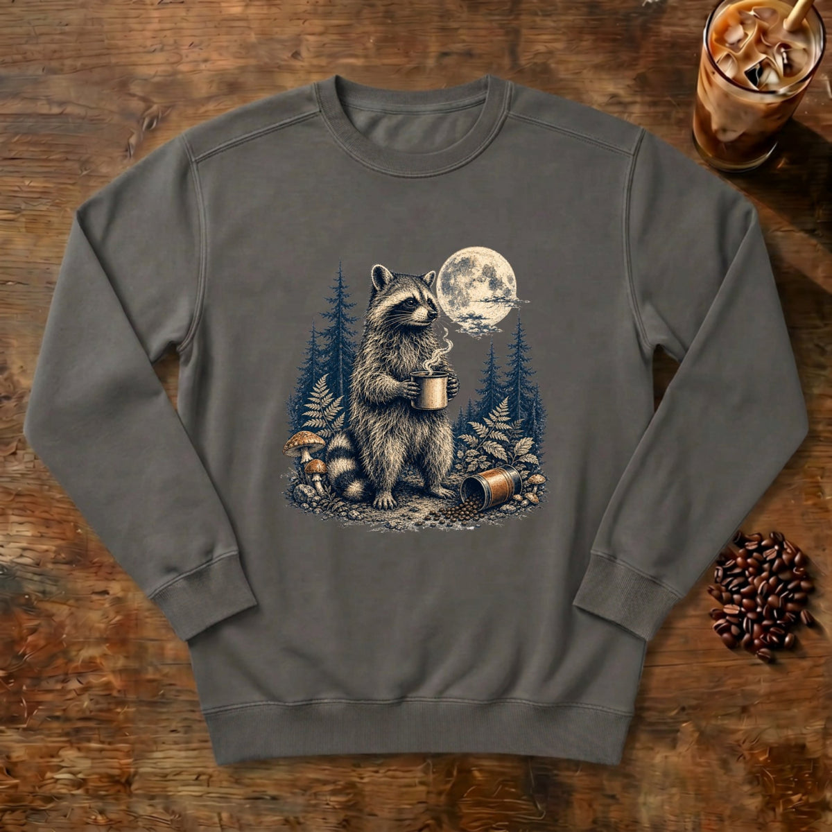 Moonlit Raccoon Coffee Sweatshirt in Pepper, a raccoon with coffee in a moonlit forest