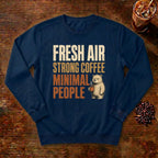 Fresh Air Strong Coffee Bear Sweatshirt in True Navy, a cozy bear holding a coffee mug