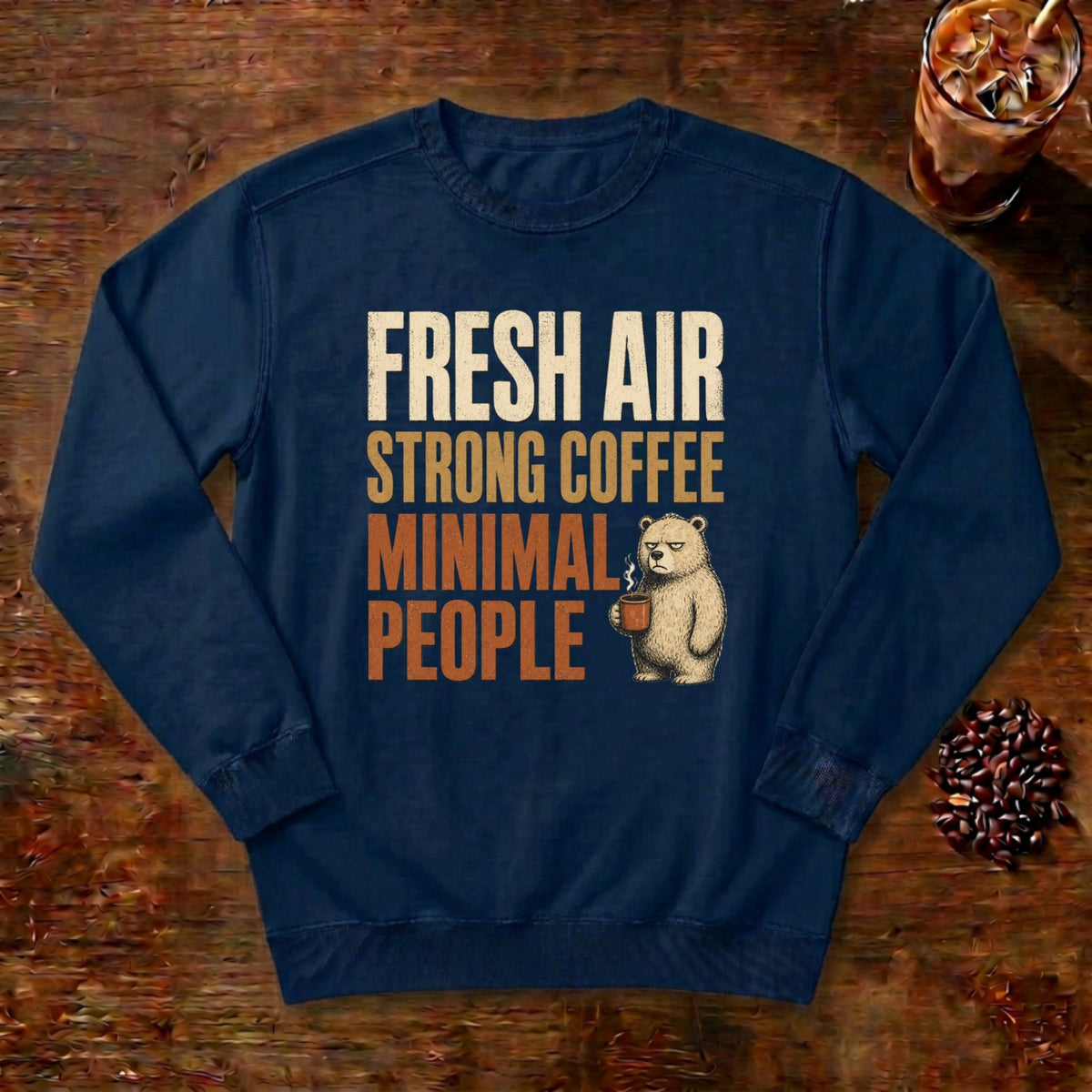 Fresh Air Strong Coffee Bear Sweatshirt in True Navy, a cozy bear holding a coffee mug