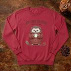 Sweater Weather Hedgehog Sweatshirt in Crimson, a hedgehog in a knit sweater holding a mug