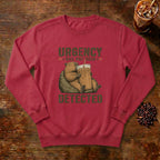 Urgency Not Detected Capybara Sweatshirt in Crimson, a relaxed capybara with its coffee