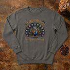 Extra Always Peacock Sweatshirt in Pepper, a colorful peacock with coffee