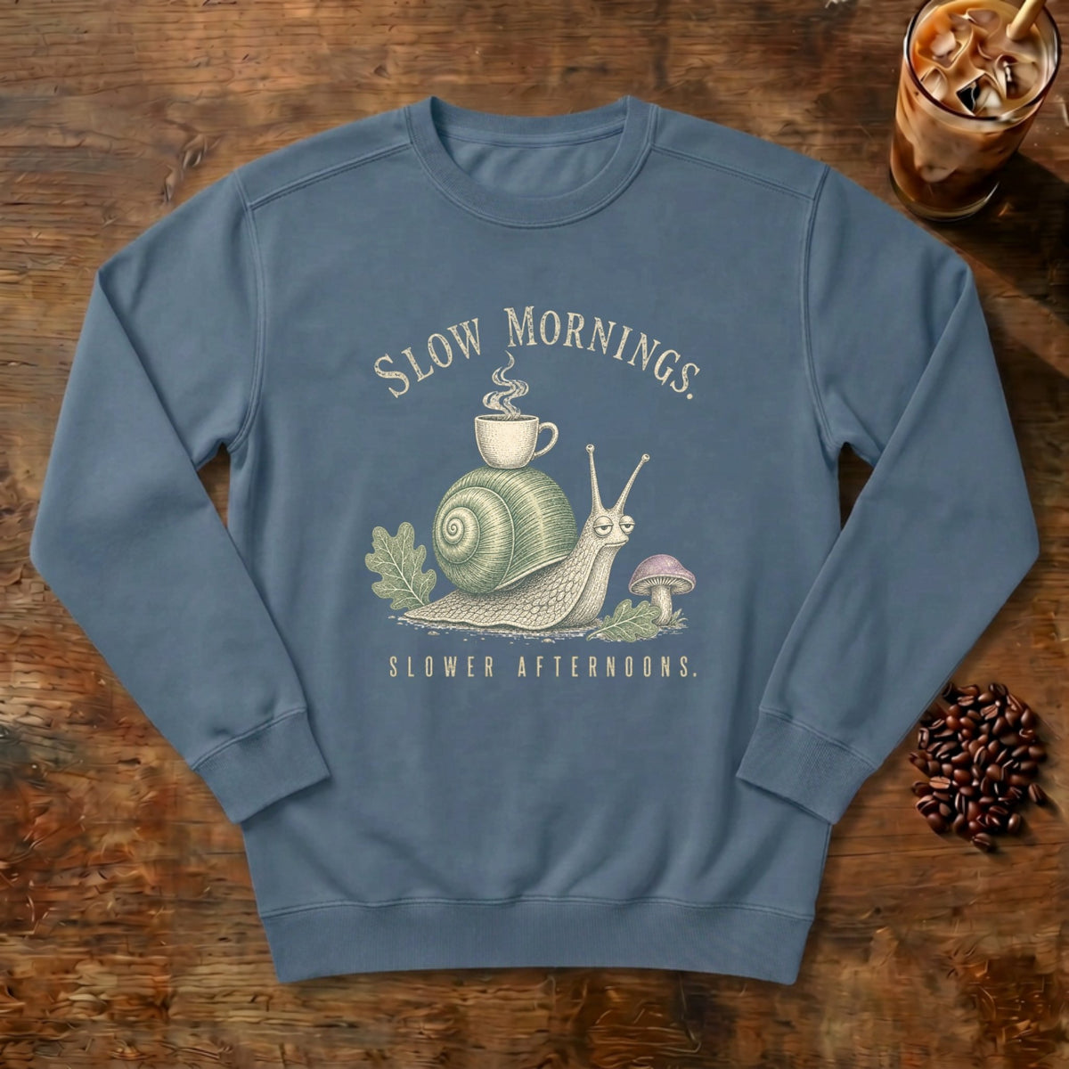 Slow Mornings Snail Sweatshirt in Denim, a sleepy snail carrying a coffee cup on its shell