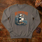 No Puffin Way Sweatshirt in Grey, a puffin holding a cup of coffee by the coast