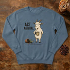 Act Natural Goat Sweatshirt in Denim, a suspiciously calm goat holding a coffee mug