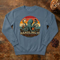 Handling It With Coffee Octopus Sweatshirt in Denim, an octopus juggling coffee mugs