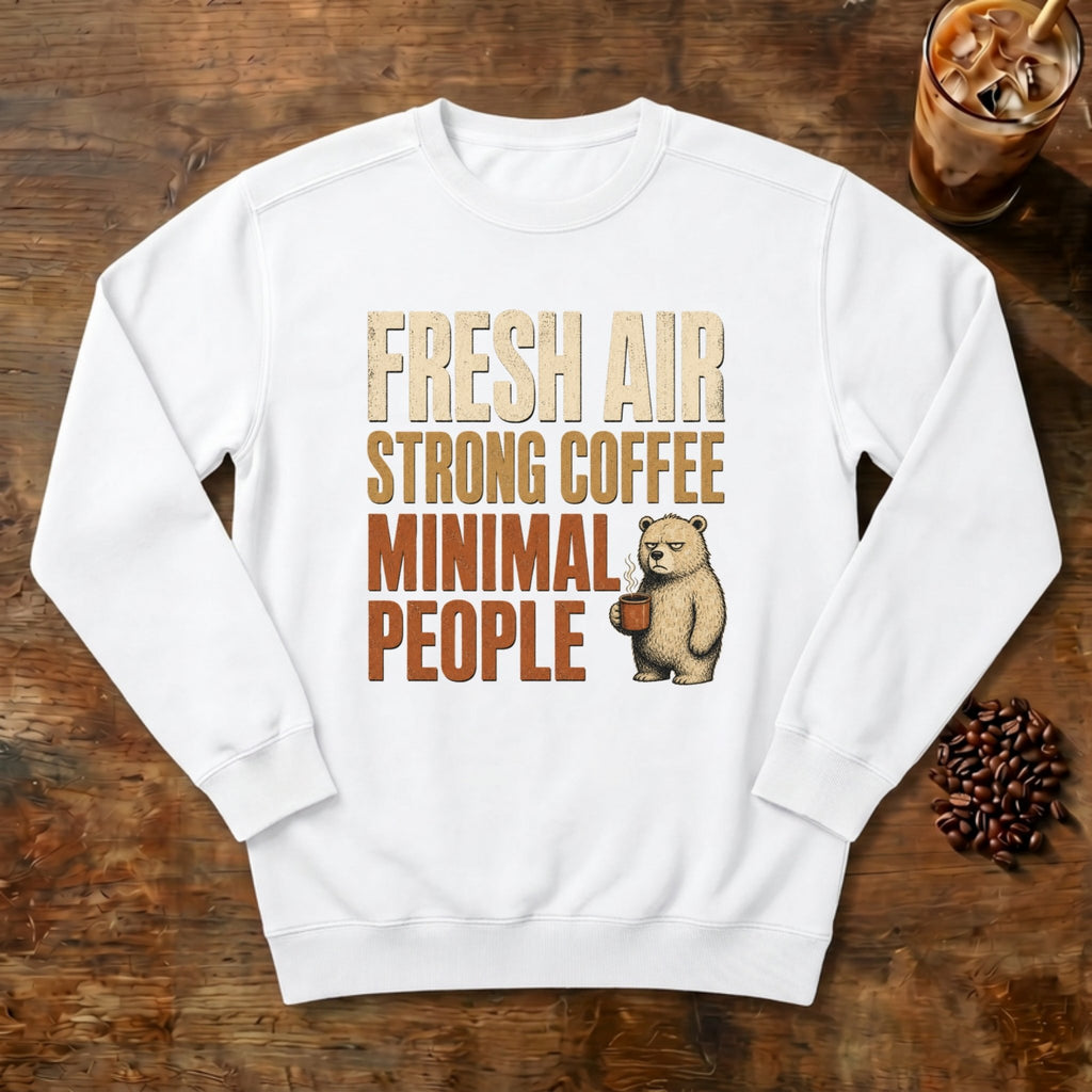Fresh Air Strong Coffee Bear Sweatshirt in White, a cozy bear holding a coffee mug