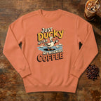 Just Ducky After My Morning Coffee Sweatshirt in Terracotta, a sleepy duck holding its coffee