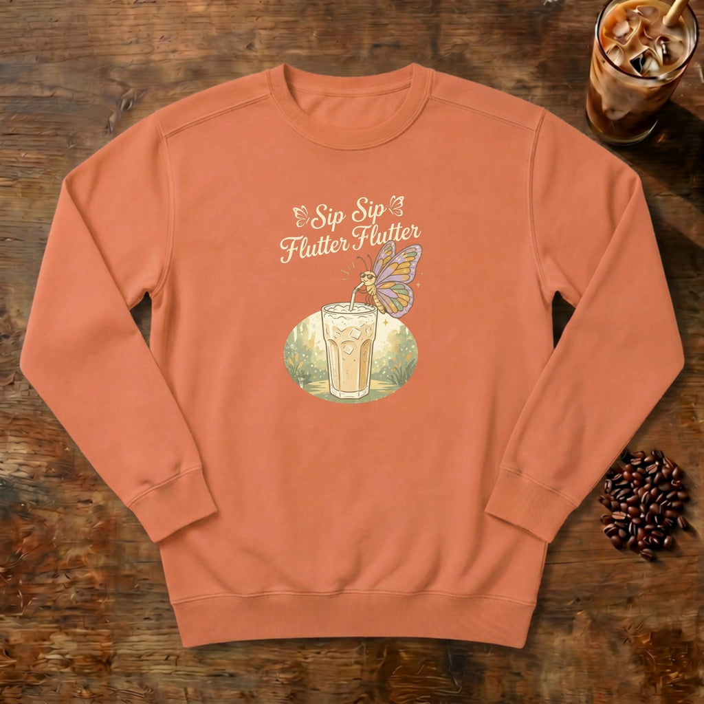 Sip Sip Flutter Flutter Butterfly Sweatshirt in Terracotta, a monarch butterfly hovering over an iced coffee