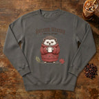 Sweater Weather Hedgehog Sweatshirt in Pepper, a hedgehog in a knit sweater holding a mug