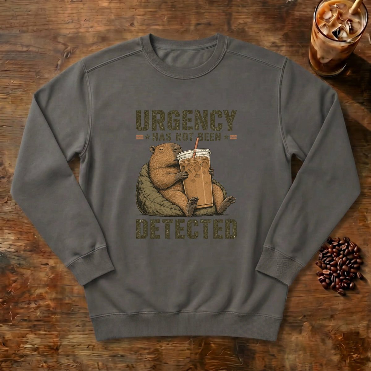 Urgency Not Detected Capybara Sweatshirt in Pepper, a relaxed capybara with its coffee