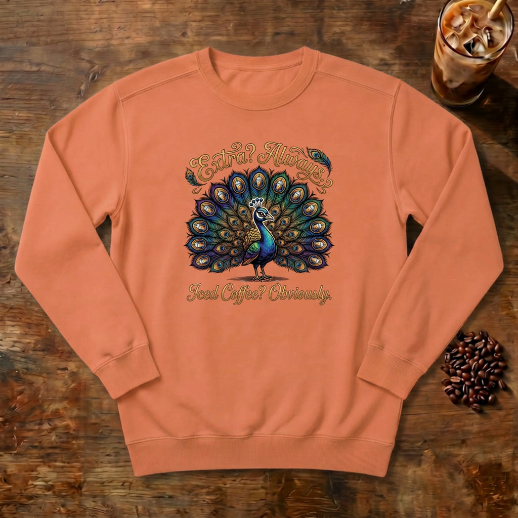 Extra Always Peacock Sweatshirt in Terracotta, a colorful peacock with coffee
