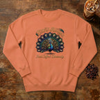 Extra Always Peacock Sweatshirt in Terracotta, a colorful peacock with coffee