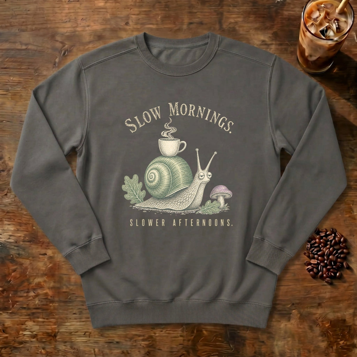 Slow Mornings Snail Sweatshirt in Pepper, a sleepy snail carrying a coffee cup on its shell