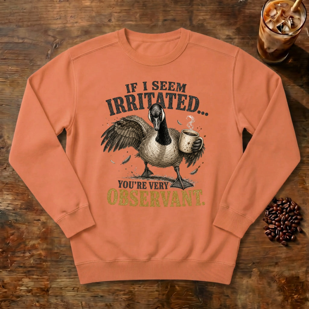 If I Seem Irritated Goose Sweatshirt in Terracotta, a grumpy goose