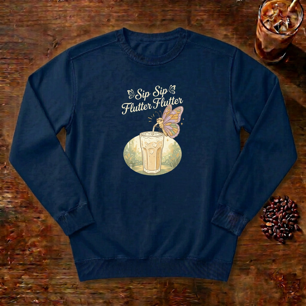 Sip Sip Flutter Flutter Butterfly Sweatshirt in True Navy, a monarch butterfly hovering over an iced coffee