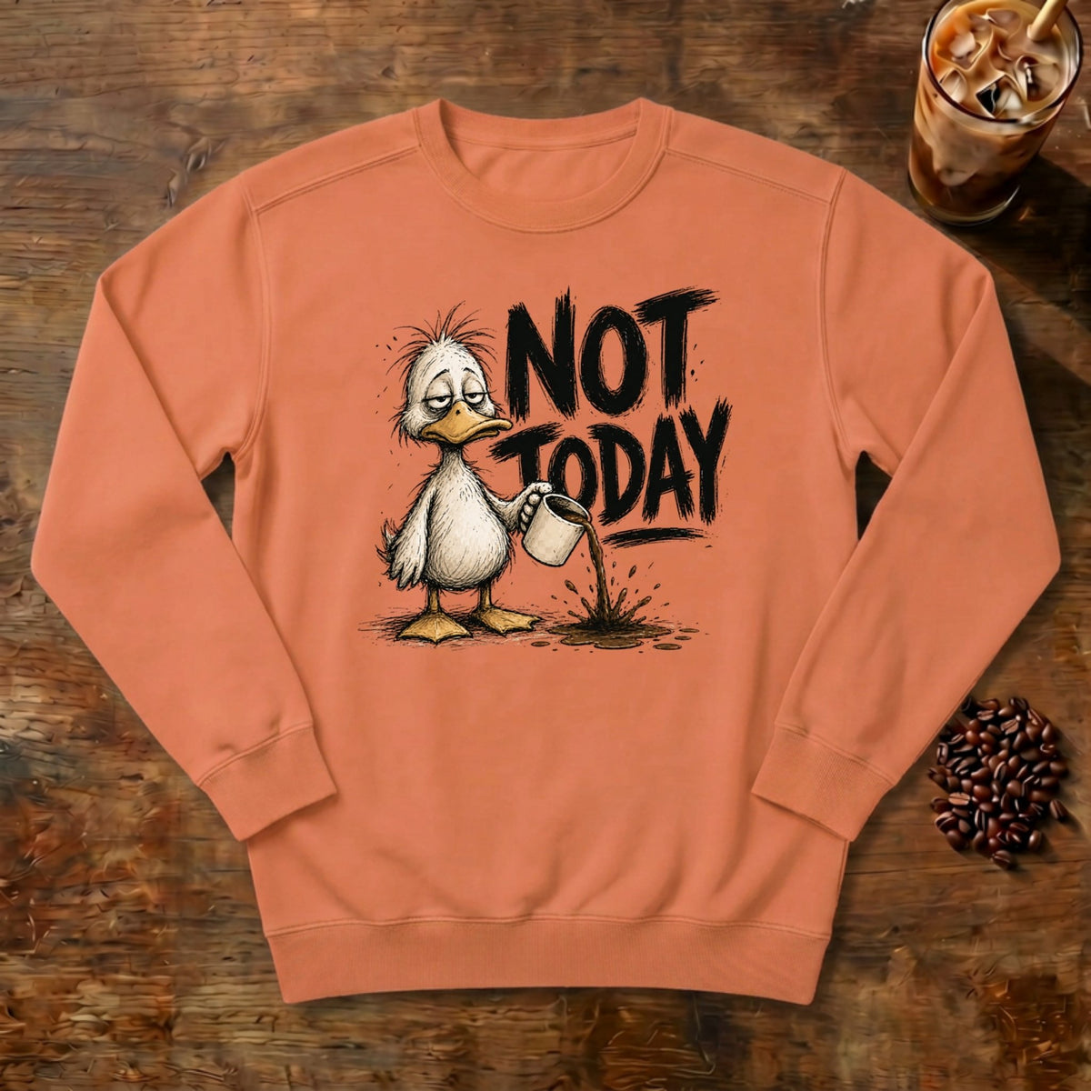 Not Today Duck Sweatshirt in Terracotta, a grumpy little duck