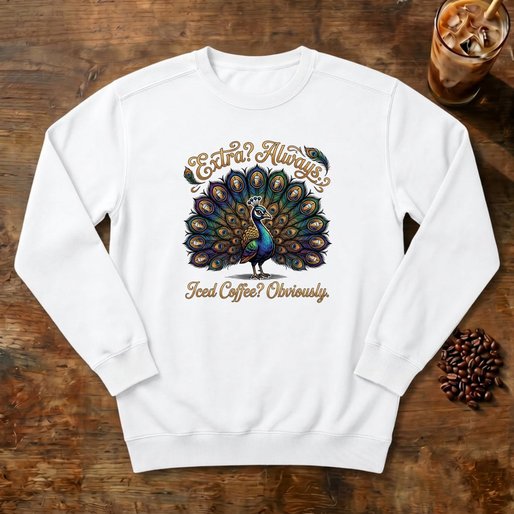 Extra Always Peacock Sweatshirt in White, a colorful peacock with coffee