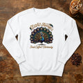 Extra Always Peacock Sweatshirt in White, a colorful peacock with coffee