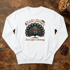 Extra Always Peacock Sweatshirt in White, a colorful peacock with coffee
