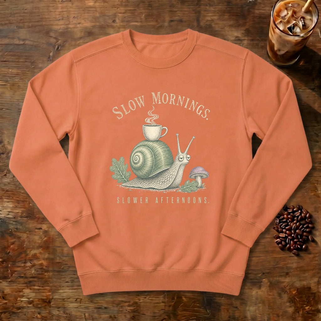 Slow Mornings Snail Sweatshirt in Terracotta, a sleepy snail carrying a coffee cup on its shell