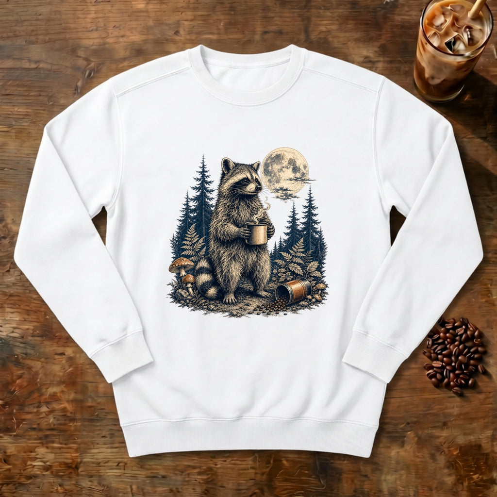 Moonlit Raccoon Coffee Sweatshirt in White, a raccoon with coffee in a moonlit forest