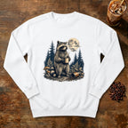 Moonlit Raccoon Coffee Sweatshirt in White, a raccoon with coffee in a moonlit forest