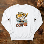 Just Ducky After My Morning Coffee Sweatshirt in White, a sleepy duck holding its coffee