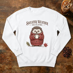 Sweater Weather Hedgehog Sweatshirt in White, a hedgehog in a knit sweater holding a mug