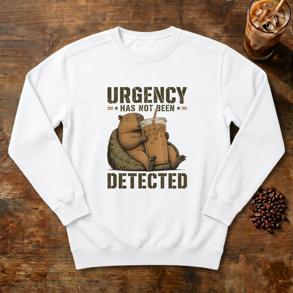 Urgency Not Detected Capybara Sweatshirt in White, a relaxed capybara with its coffee