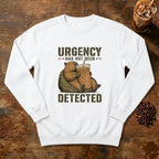 Urgency Not Detected Capybara Sweatshirt in White, a relaxed capybara with its coffee